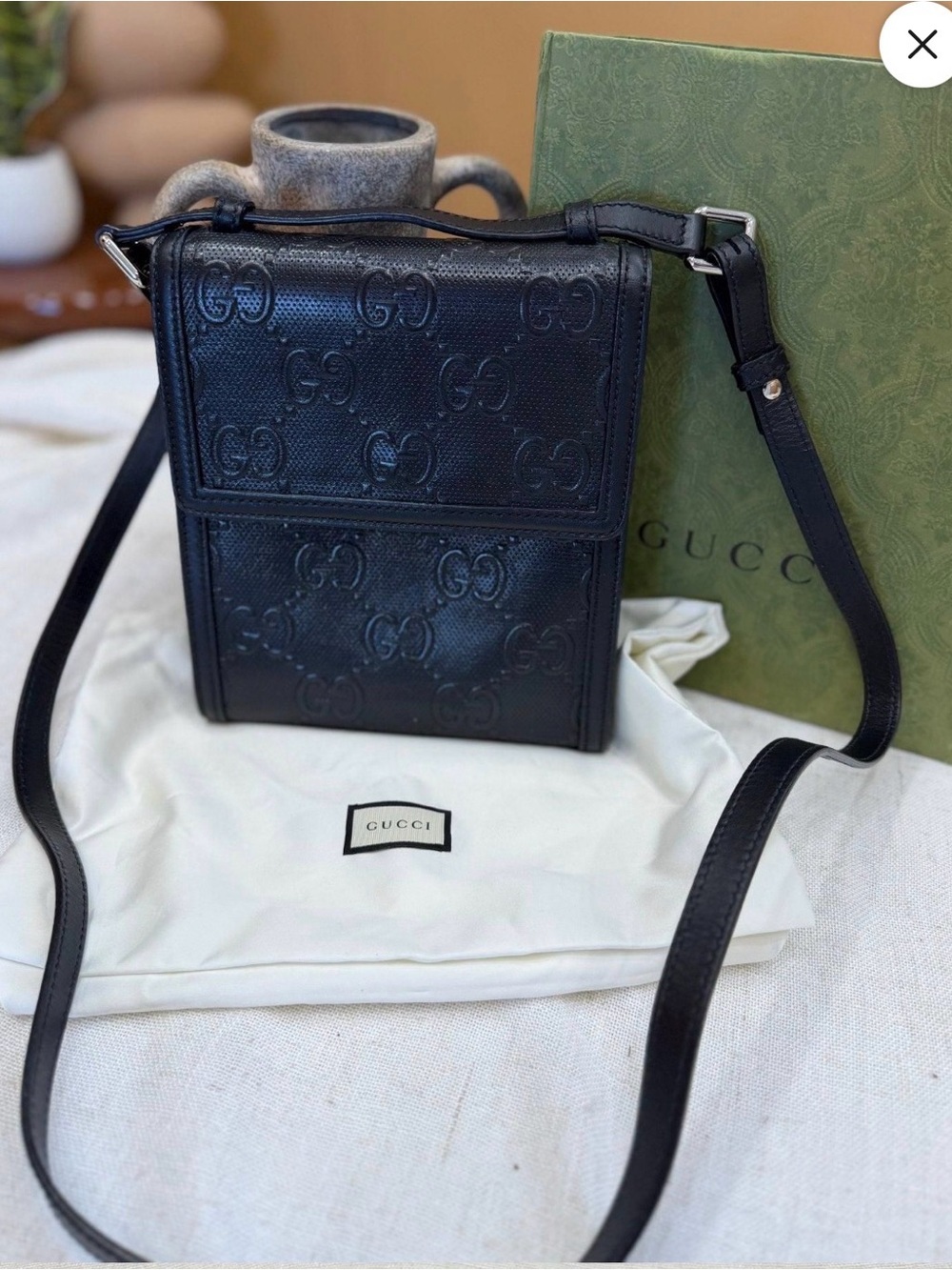 Gucci Black Embossed GG Leather Messenger Bag with bag , dust bag and COA